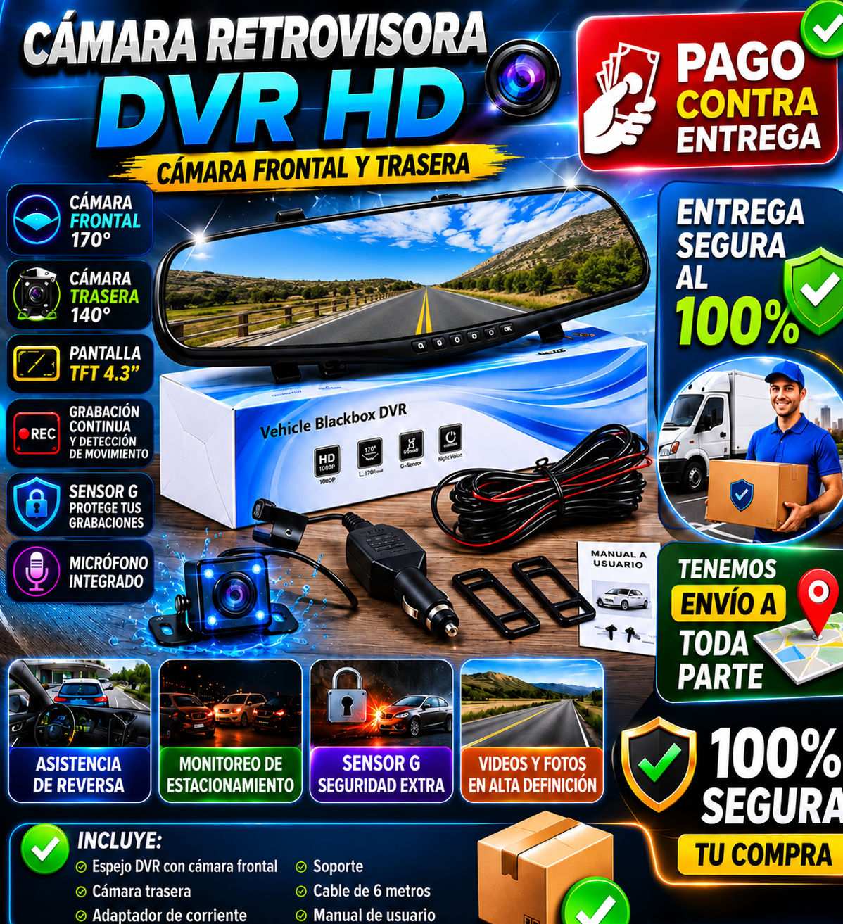 ESPEJO RETROVISOR UNIVERSAL CON 2 CAMARAS TRASERA Y DELANTERA